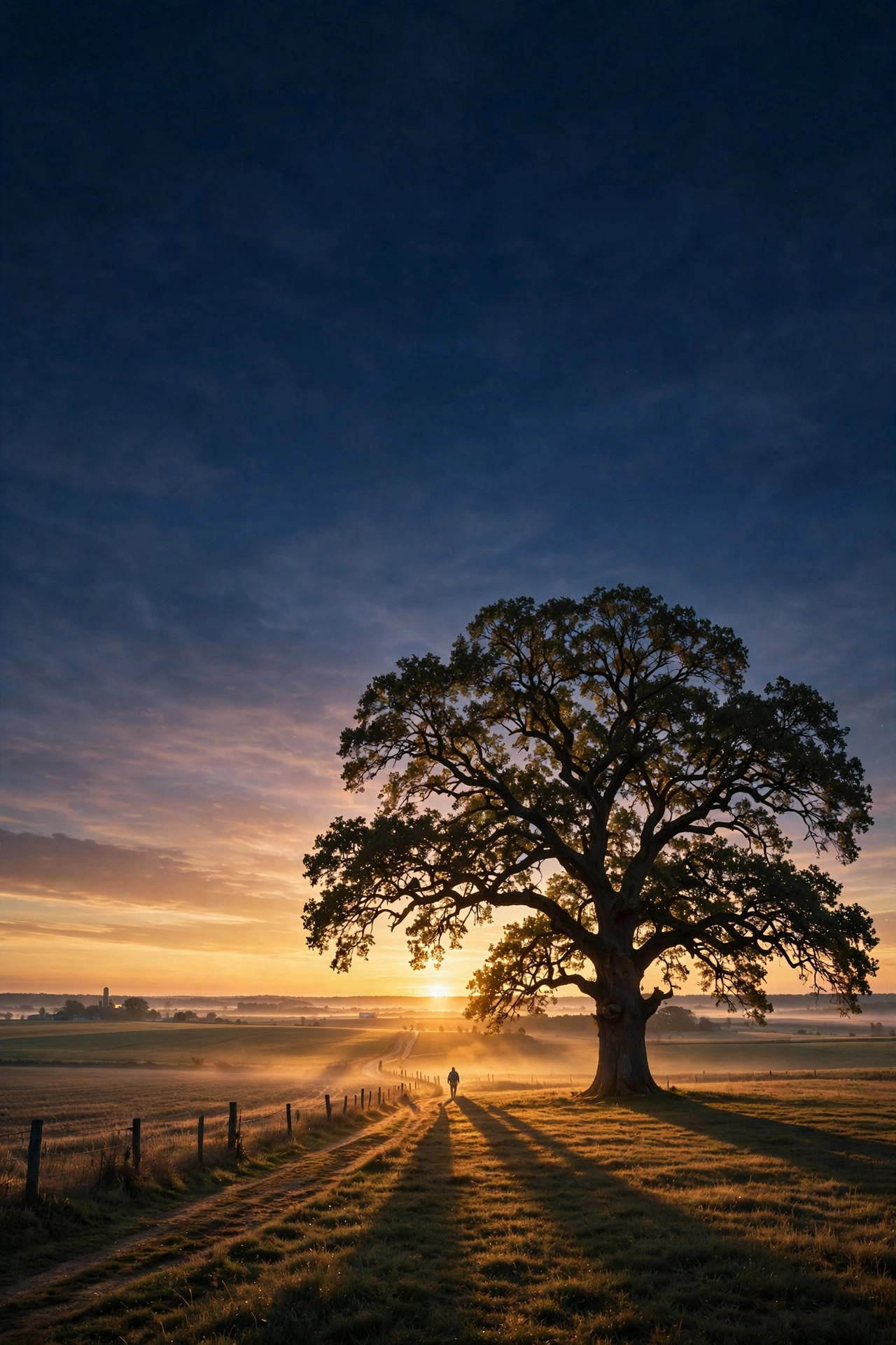 Draft cover art: a lone great oak tree at dawn on an open field, a figure walking a dirt path toward the sunrise