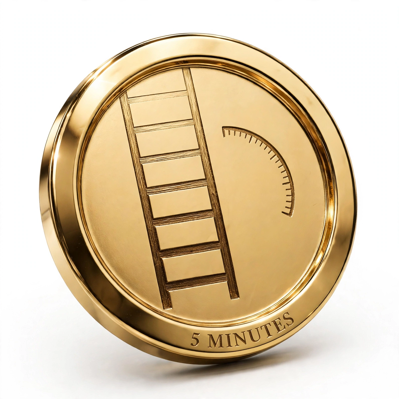 Gold medallion coin engraved 5 Minutes with a ladder motif