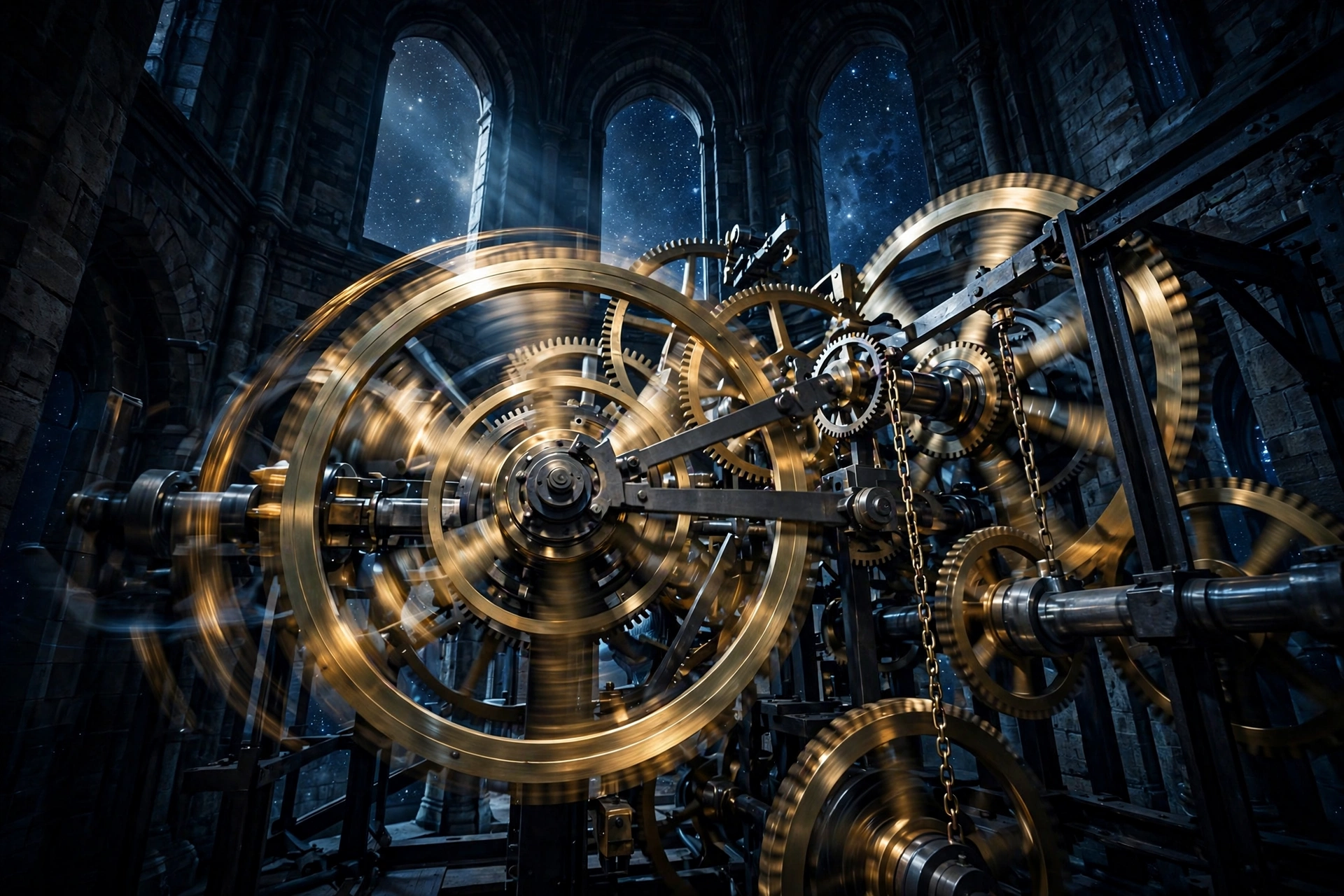 Massive clockwork gears turning inside a stone clock tower under a starry sky, the Henschel standard of measured, accountable work