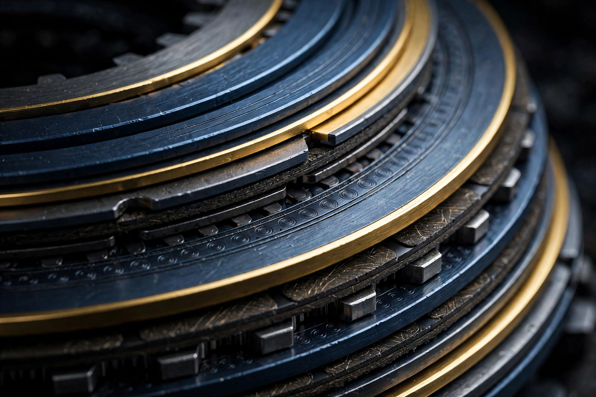Interlocking protective rings and layers in polished gold and steel, the Henschel protection-layers motif
