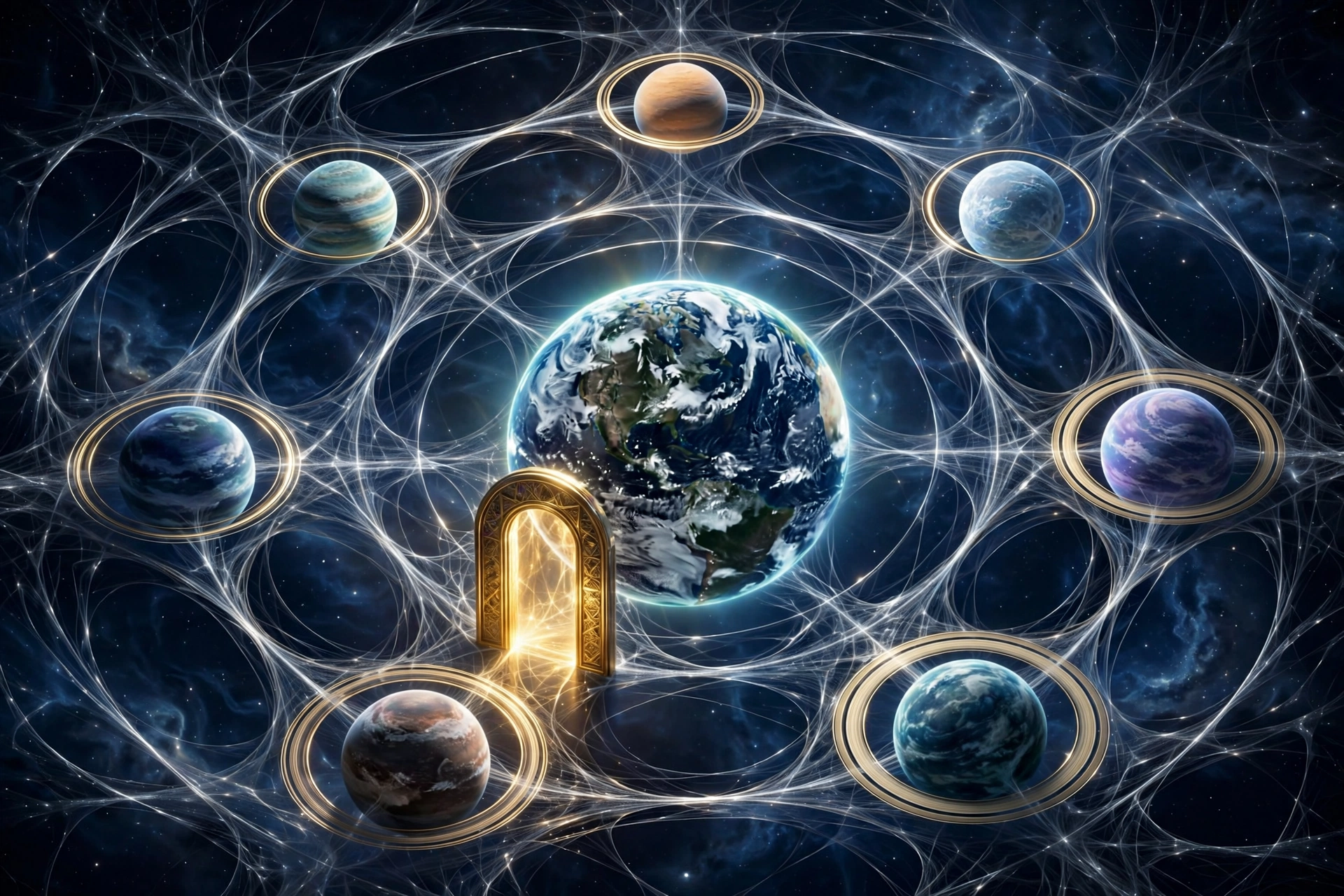 Earth at the center of orbiting planets connected by threads of light, with a golden doorway beside it