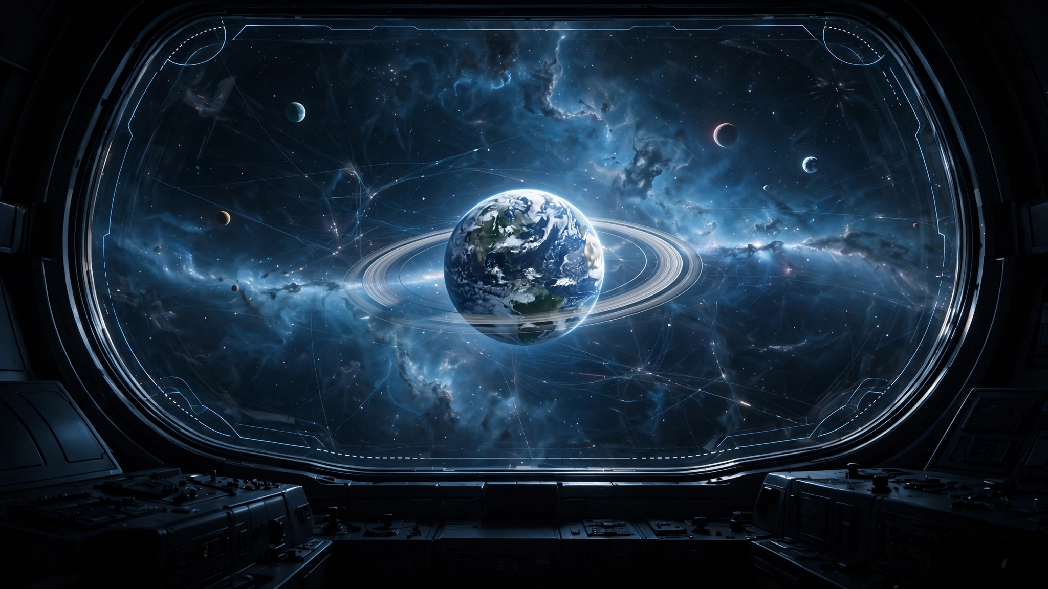 Earth viewed through a spacecraft command viewport, control consoles below