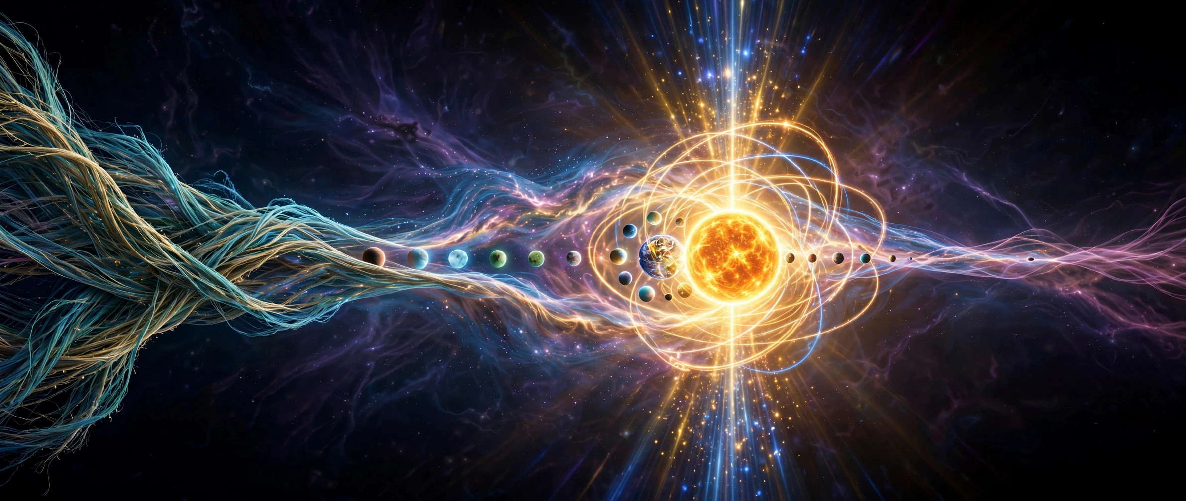 A glowing sun orbited by a thin nebula ring, planets caught in its gravity