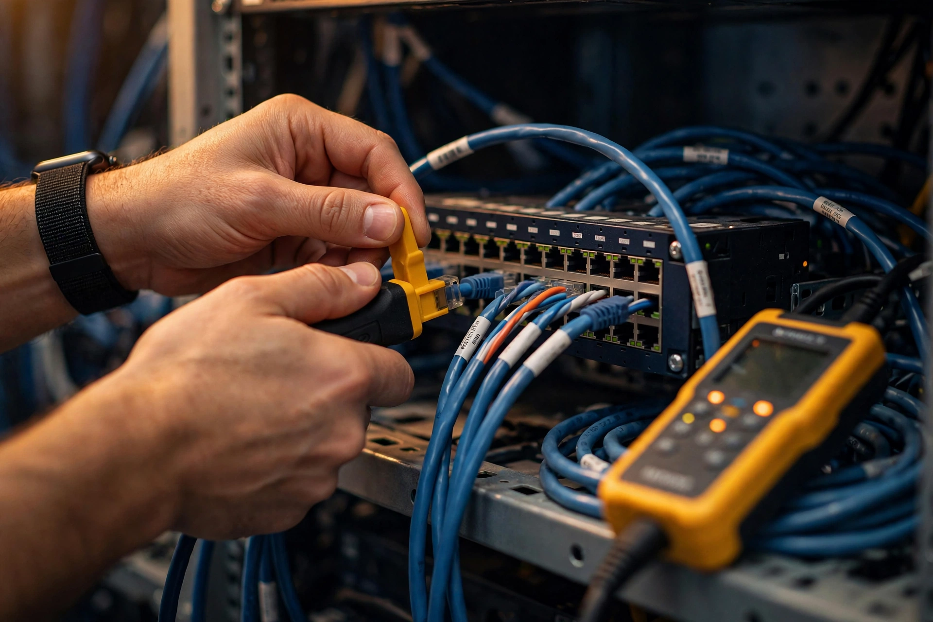 Technician terminating ethernet cables on a patch panel
