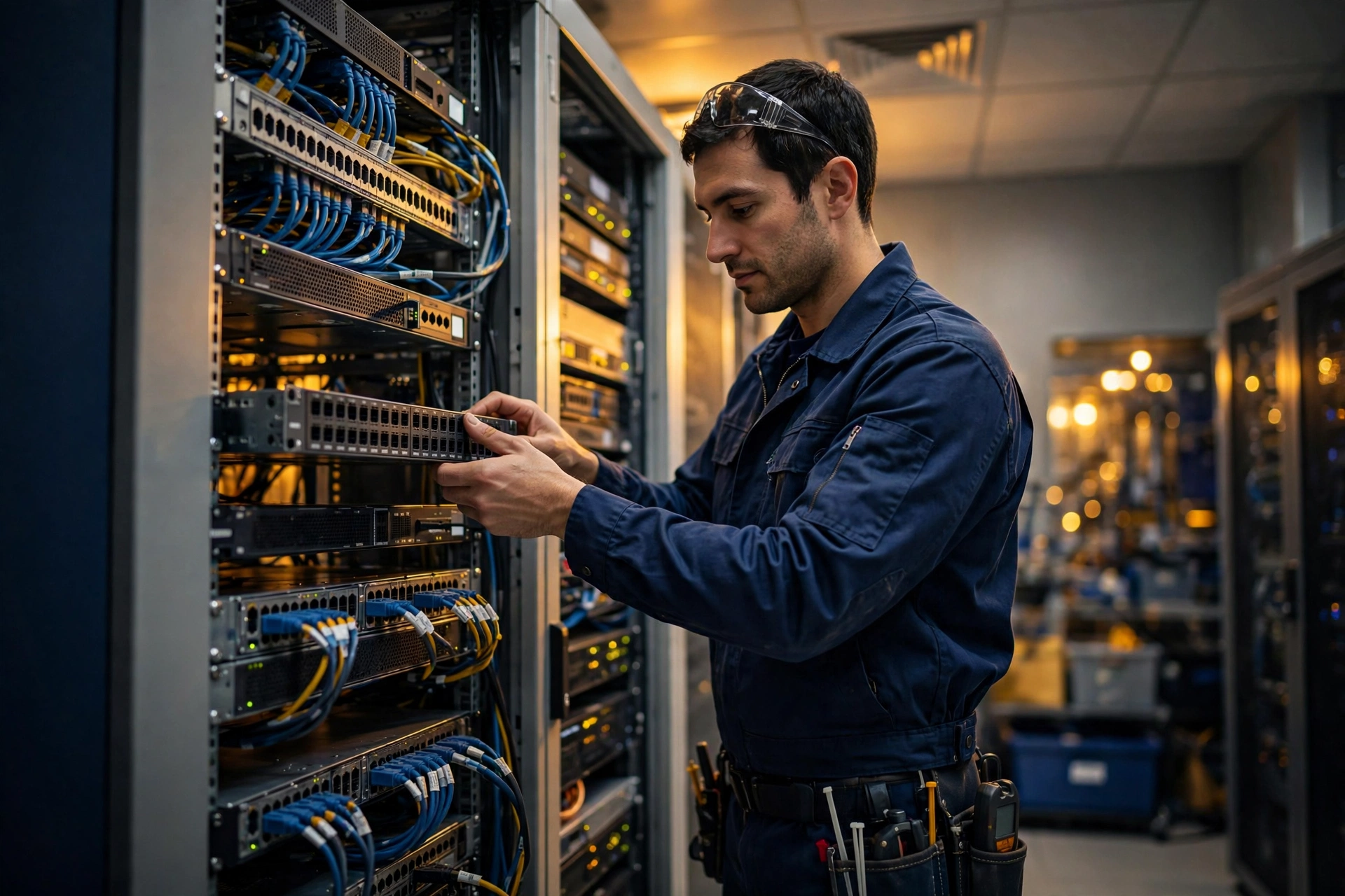 Henschel technician racking a network switch in a server rack