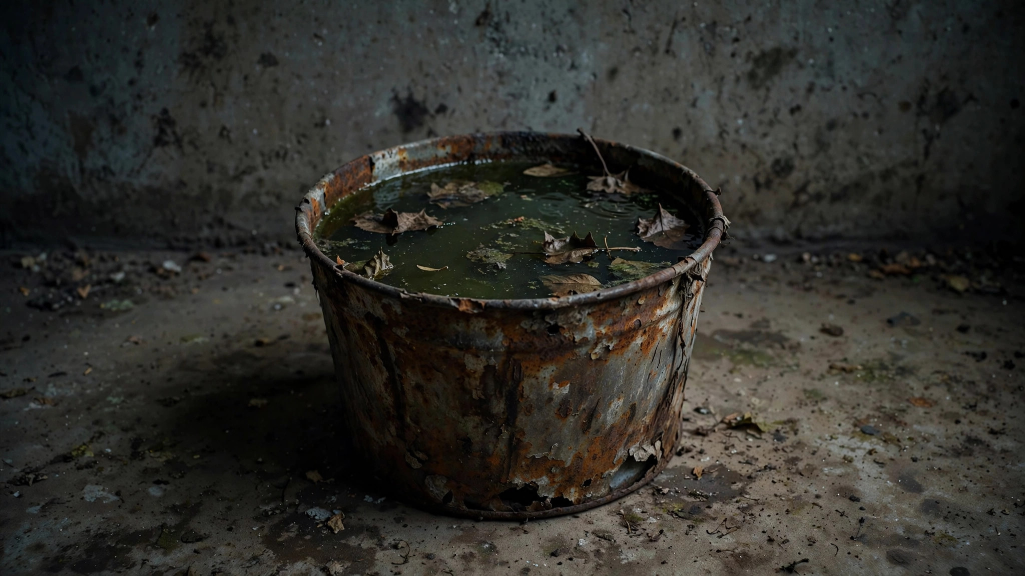 A stagnant bucket of murky water